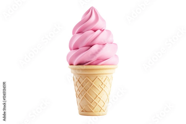 Fototapeta Pink soft serve ice cream in cone on white background, cut out