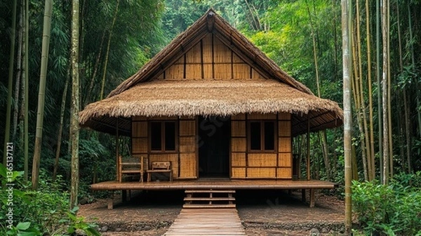 Fototapeta Nipa Hut in Forest Park Surrounded by Bamboo Trees, Traditional Rural Housing