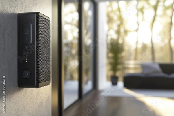 Obraz Wall-mounted speaker enhancing modern living space with natural light and comfort
