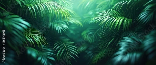 Fototapeta Lush, vibrant green foliage creates a tropical paradise. Deep shadows and highlights add depth