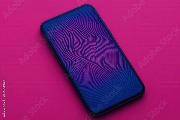 Fototapeta Smartphone with fingerprint pattern on pink background