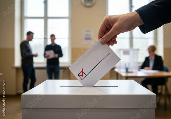 Fototapeta Close-Up of Hand Dropping Marked Ballot with Red Check into Voting Box at Indoor Polling Station with People and Officials in Background