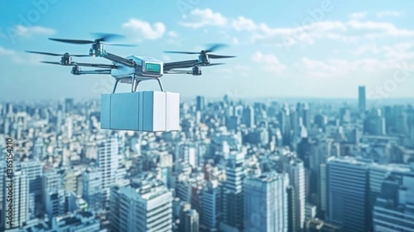 Fototapeta A high tech drone based delivery system, automated drones transporting packages in a futuristic cityscape, Logistics tech style