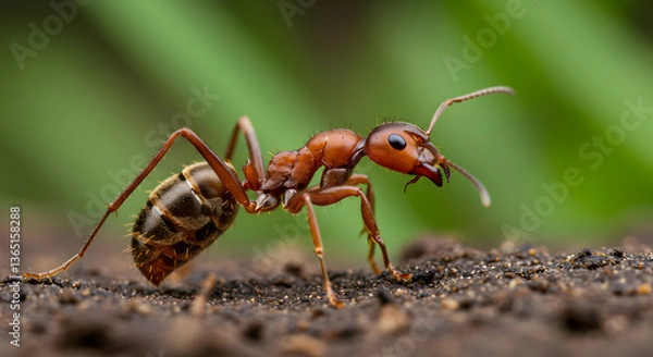 Fototapeta Detailed Close-up of a Red Imported Fire Ant on Soil with Green Backdrop