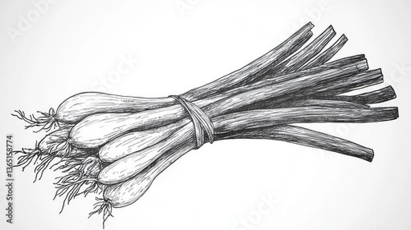Obraz A detailed sketch of a bundle of fresh green onions tied together with roots visible, showcasing natural textures