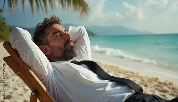 Fototapeta A well-dressed man lounges on a beach chair, soaking in the sun with a serene expression, as gentle waves lap at the shore. The backdrop features a stunning turquoise sea and distant mountains