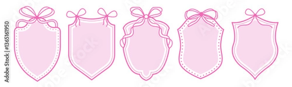 Fototapeta Set of vintage label and badges shape with bow. Protect shield security frame. Elegant coquette borders