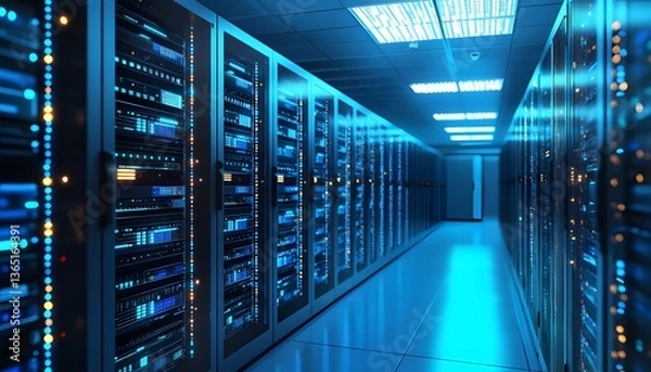 Fototapeta Network and internet communication technology concept, displaying a data center interior with server racks and telecommunication equipment.