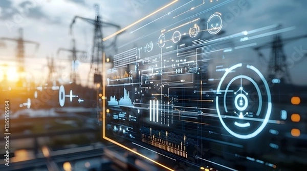 Fototapeta A visually striking smart grid interface showcasing real time energy consumption data renewable power input and optimized energy distribution paths across a complex power grid system