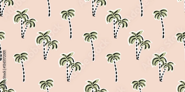 Obraz Seamless pattern with freehand ink doodle abstract palm trees. Trendy tropical vertical stripe background. Hand drawn vector illustration. Boho, beach, jungle wallpaper.