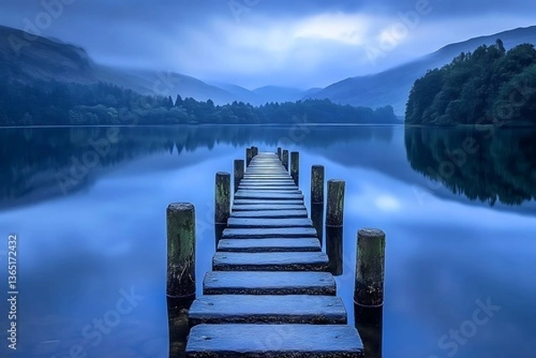 Fototapeta Tranquil Lakeside Scene with Old Wooden Posts.