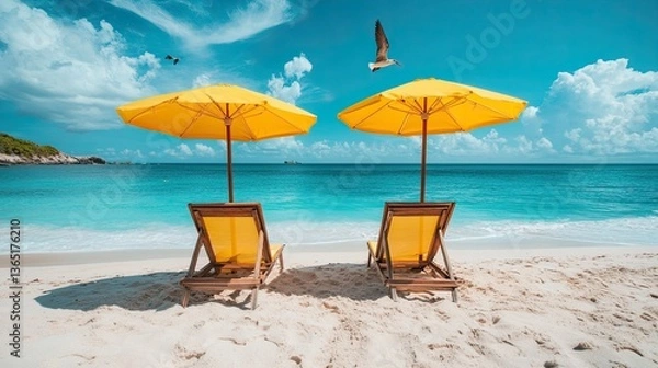 Fototapeta Two Beach Chairs Under Yellow Umbrellas on a Sandy Shore with Birds Flying Above a Clear Ocean