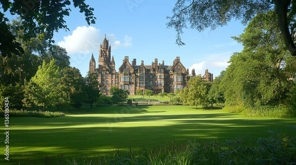 Fototapeta University of Glasgow Main Building, Historic Architecture and Lush Green Grounds 