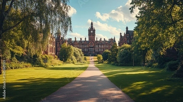 Fototapeta University of Glasgow Main Building, Historic Architecture and Lush Green Grounds 