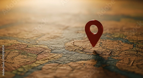 Fototapeta Close-up of a bright red map marker on an antique map background, evoking a sense of exploration and discovery
