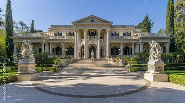 Fototapeta Grand Italianate villa with circular driveway and statues