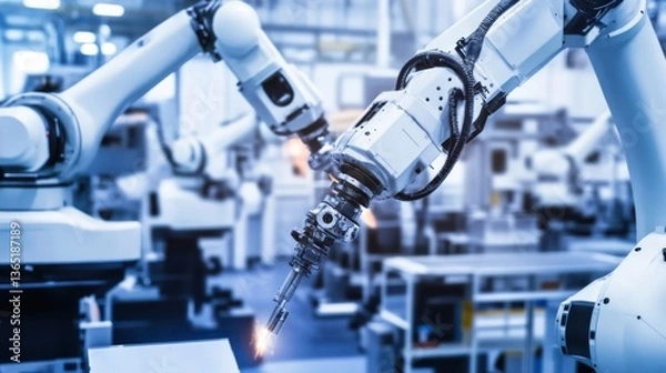 Obraz An advanced robotics facility where robotic arms are assembling automated welding robots for aerospace applications, AI systems ensuring flawless precision and material integrity, High-tech style