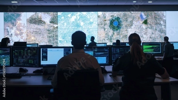 Fototapeta An AI enhanced disaster response control room, real-time satellite imagery and predictive analytics guiding emergency teams, Crisis management style