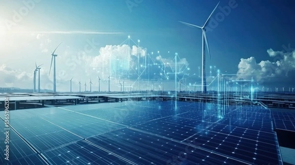 Fototapeta An AI enhanced renewable energy grid, smart sensors optimizing electricity flow from solar panels and wind turbines, Energy tech style