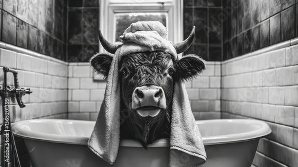 Fototapeta A comical scene with a cow relaxing in a bathtub, complete with a towel, blending humor with an unexpected take on animal behavior in a domestic setting.