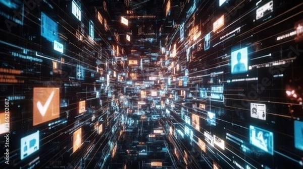 Fototapeta An AI powered automated content moderation system, analyzing online posts for inappropriate or harmful content, Social media tech style