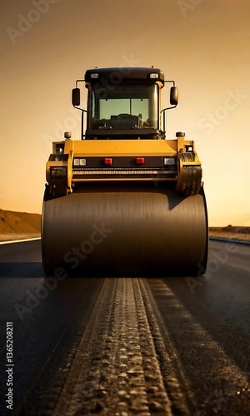 Obraz A Heavy roller machine compacting freshly paved asphalt on a new road, symbolizing construction and infrastructure development.

