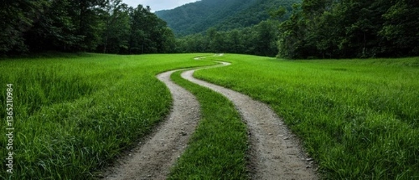 Obraz A winding dirt path through a lush green field.