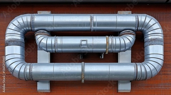 Fototapeta Large shiny metal pipes forming a looped industrial design