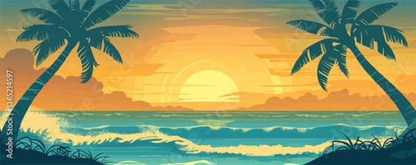 Fototapeta Tropical sunset over ocean waves and palm trees.
