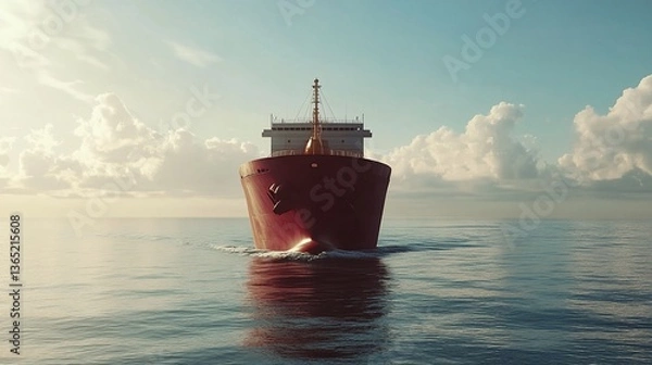 Obraz Red cargo ship sailing on calm ocean at sunset.