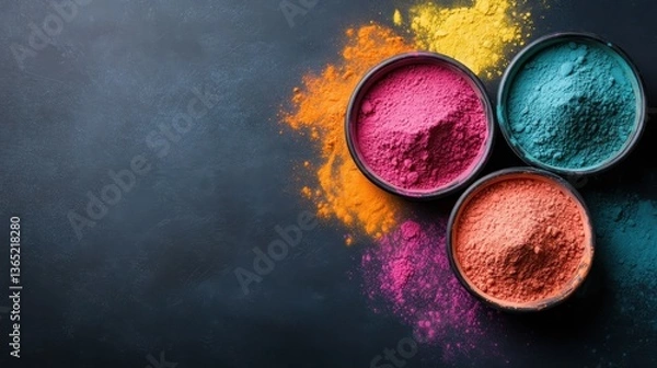 Fototapeta Three containers filled with vibrant Holi powders in bright colors are artistically arranged, showcasing the festive essence and joy associated with the traditional Indian festival.