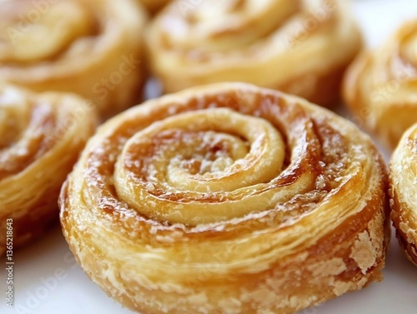 Fototapeta Delicious, sweet and buttery swirling pastry with a golden crust and intricate swirl on top, resting among other pastries on a clean white surface.