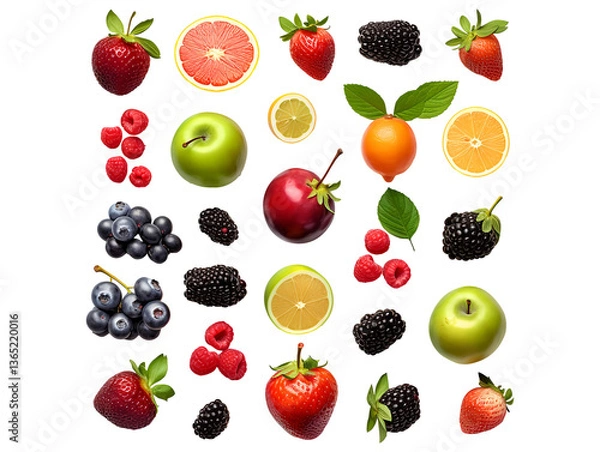 Fototapeta Fruits and berries collection isolated on transparent background