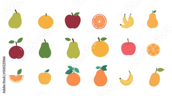 Obraz An icon pack featuring simple and modern vector illustrations of pear, apple, and banana. This set of fruit icons is designed with clean lines and vibrant colors, ideal for use in food-related project
