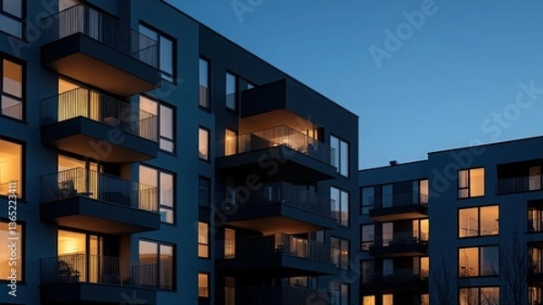 Fototapeta Modern Apartment Building at Night with Illuminated Windows