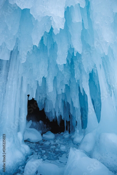 Obraz An ice cave featuring icicles that are hanging down from the ceiling
