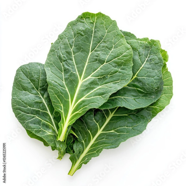 Fototapeta Close up of fresh green collard leaves stacked on a white background