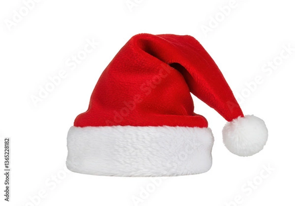 Fototapeta A plush red Santa hat with a soft fluffy white fur trim and a white pompom at the tip isolated on transparent background