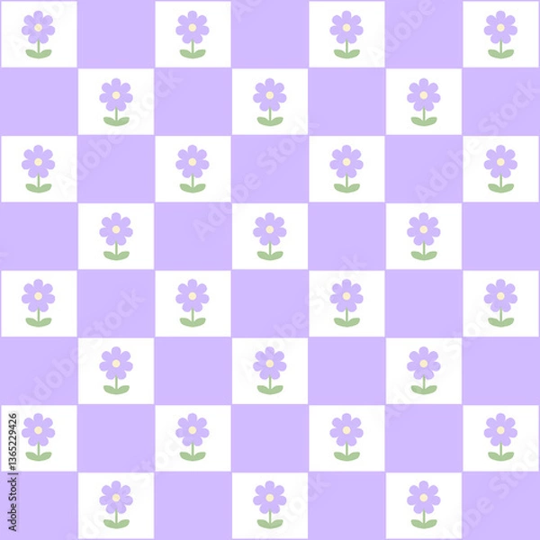 Fototapeta Abstract seamless pattern with flowers. Retro checkered purple background.