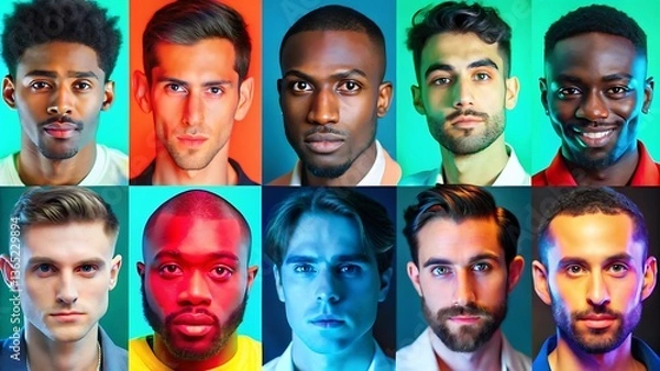 Obraz Collage of different professional and multi-ethnic people faces in studio lighting, representing diversity, equality, and modern workforce identity.

