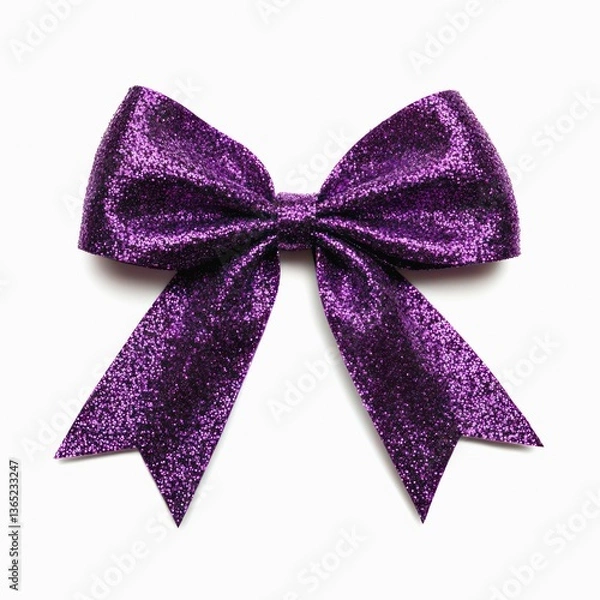 Obraz Purple shiny glittering ribbon tied in a bow isolated on white background.