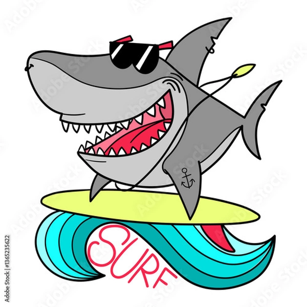 Obraz Illustration of a smiling shark wearing surfer glasses and a necklace, surfing on a surfboard, t-shirt design