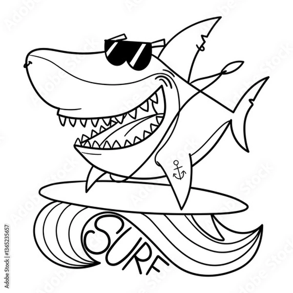 Obraz Illustration in black and white of a smiling shark wearing surfer glasses and a necklace, surfing on a surfboard, coloring page