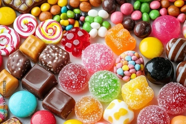 Fototapeta seamless of  candies with jelly and sugar. colorful array of different childs sweets and treats. , isolated on white background,  , copy space for text,