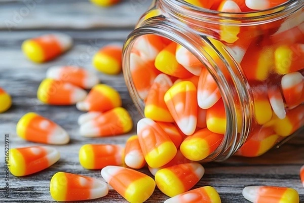 Fototapeta seamless of  Halloween candy corn spilling out of a glass jar , isolated on white background,  , copy space for text,