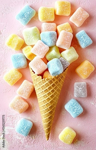 Fototapeta seamless of  Marshmallow candy colorful assortment in an ice cream cone on a pink background viewed from above