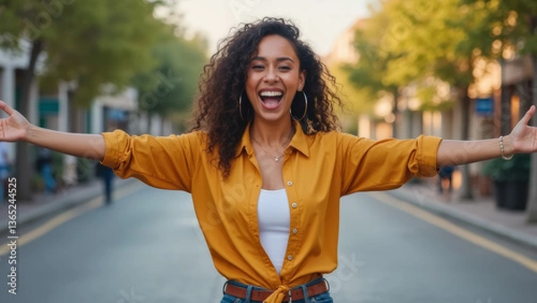 Obraz Laughter and Freedom: Radiant Woman with Open Arms in a Moment of Joy on the Street"
