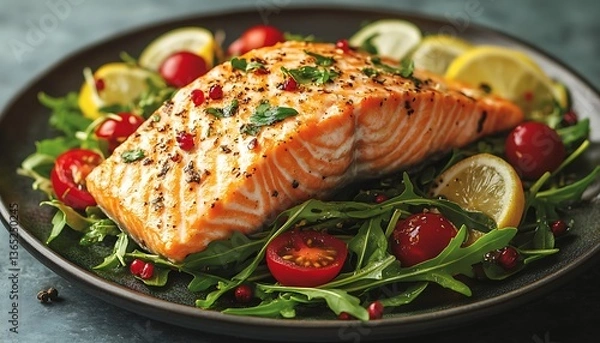 Obraz Perfectly cooked salmon fillet served with fresh vegetables and garnishes