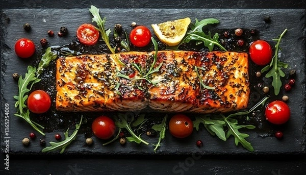 Obraz Delicious grilled salmon with fresh tomatoes and rocket greens presentation