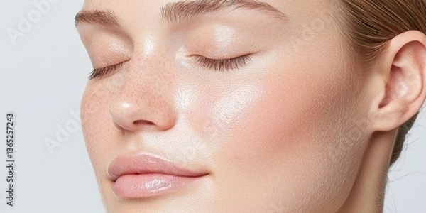Fototapeta Close Up Woman Face with Eyes Closed Covered in Sparkling White Substance Soft Lighting